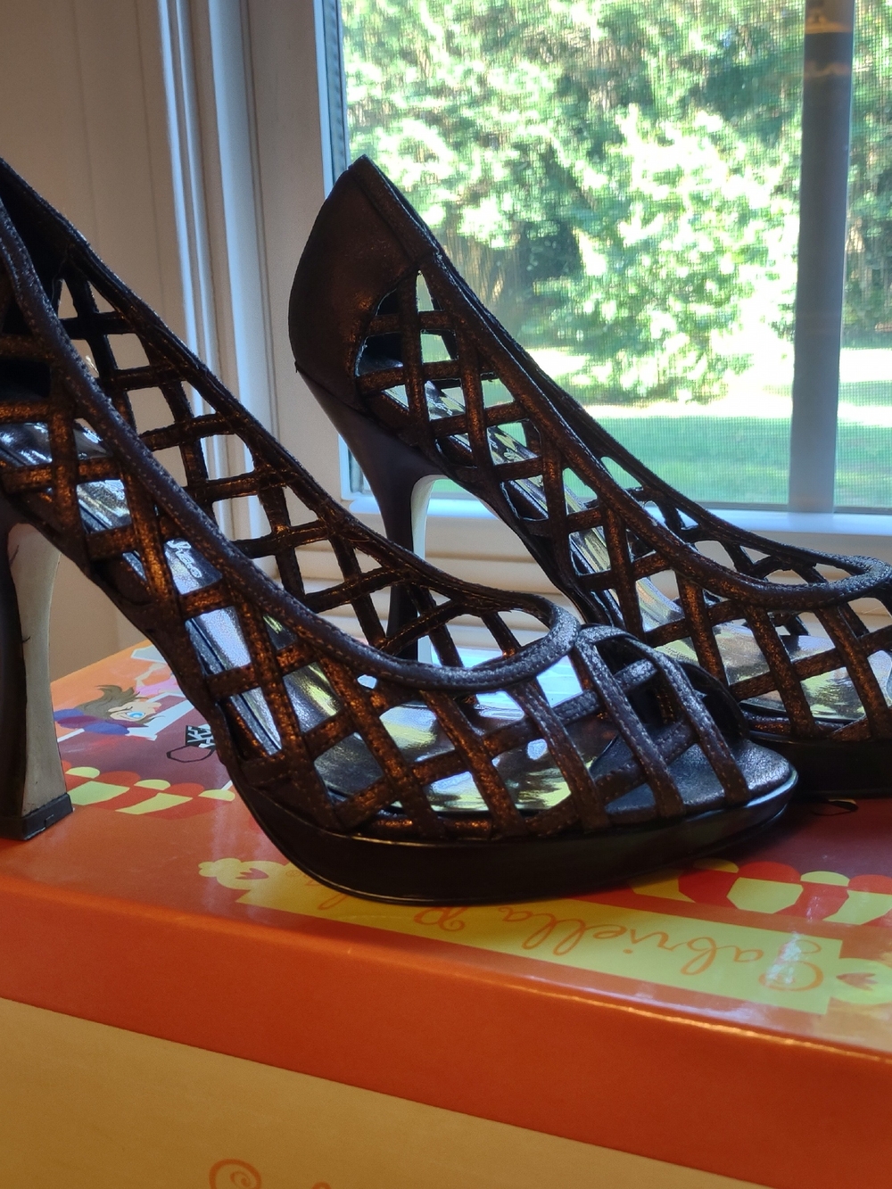Gabriella Rocha Bronze Cage Peep-Toe Heels